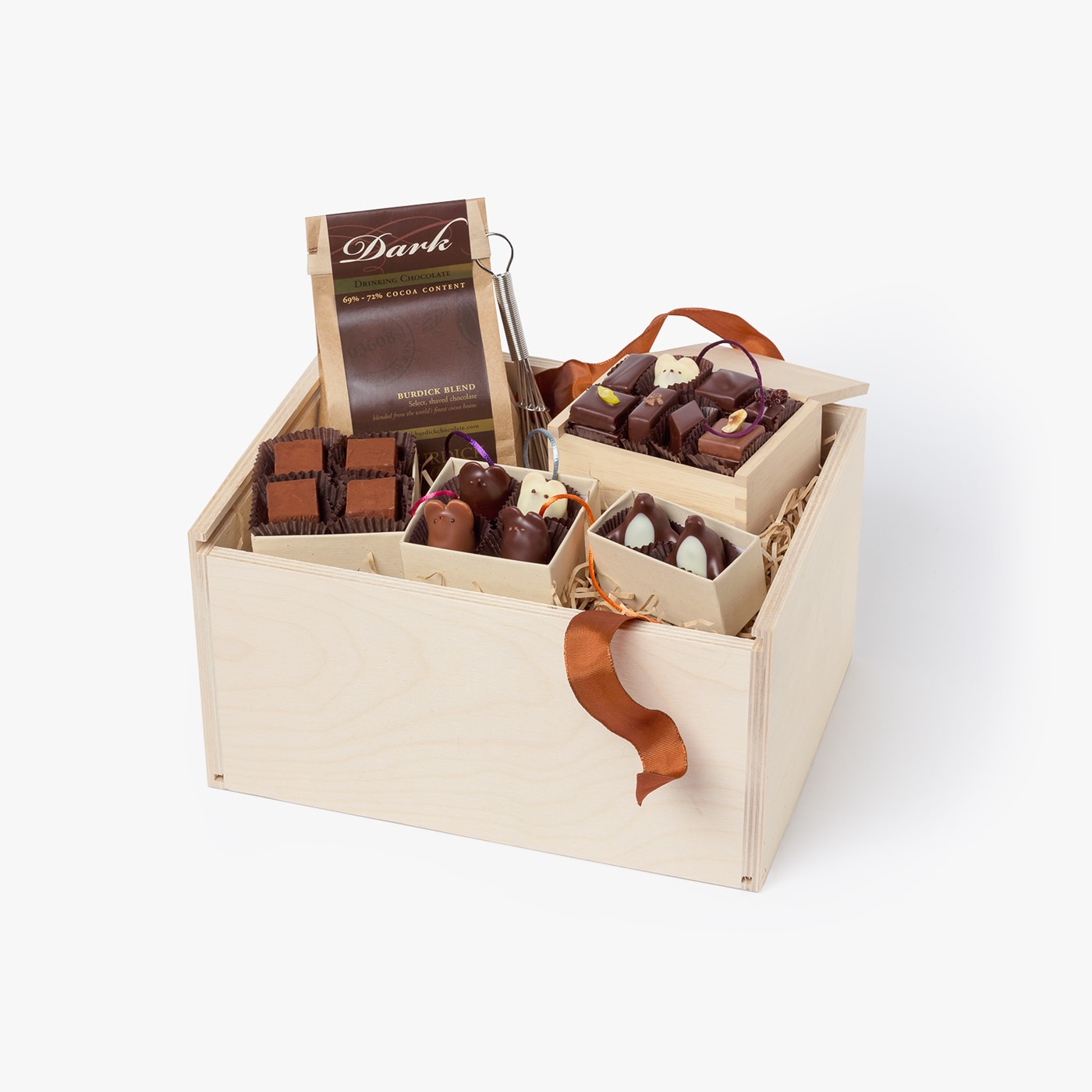 Chocolate Gift Box Crate containing assortment of signature chocolates, including mice, penguins, paves glaces and dark drinking chocolate.